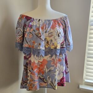 Cupio Women Size XL Multicolor Floral Off-Shoulder Linen Blend Blouse